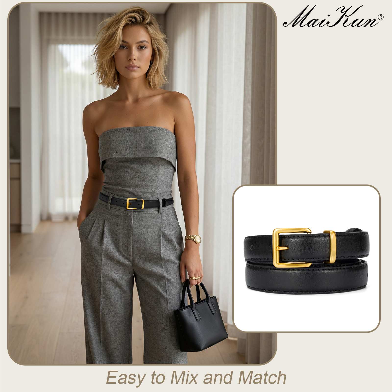 Ceinture Maikun pour femme avec boucle dorée, ceinture élégante en cuir compatible avec les robes et les pantalons