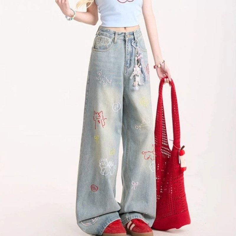 Jean pour femme Y2k pantalon rétro délavé Denim jambe droite pantalon à jambes larges dessin animé broderie conception confortable usage quotidien