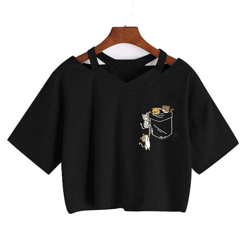 T-shirt court Y2K sexy pour femme, imprimé chat de dessin animé Kawaii, drôle et mignon, idéal pour l'été