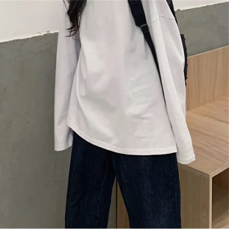 Harajuku T-shirt Long printemps automne solide Simple surdimensionné T-shirt pour femmes Goth T-shirts fendu blanc noir à manches longues hauts