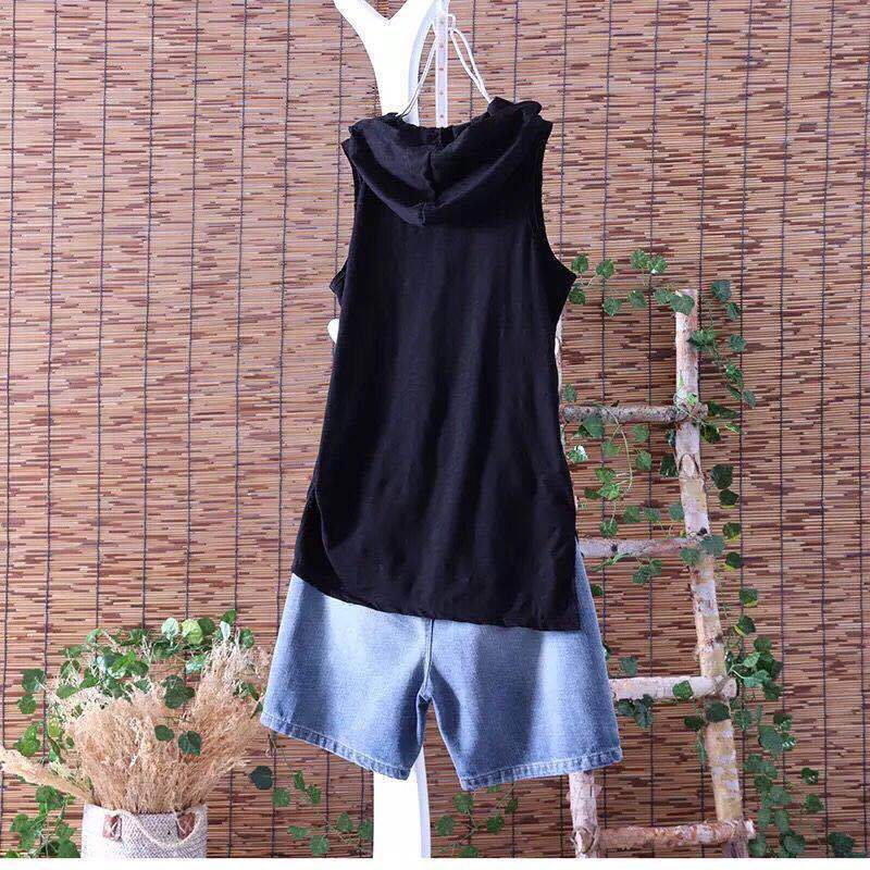 New Loose Hooded Sleeveless High Street Vest Summer Solid Loose Hole All-match Fashion T Shirt Tops Casual Trend Women Clothing