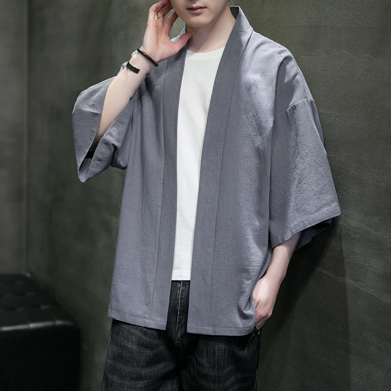 Vestes kimono pour hommes, cardigan léger et décontracté, mélange de coton, lin, sept manches, manteau ouvert sur le devant, vêtements d'extérieur
