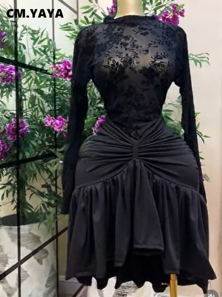 CM.YAYA Robe de soirée moulante mini pour femme, noire, en velours et maille florale, à manches longues, col montant, taille froncée, volants et ourlet asymétrique
