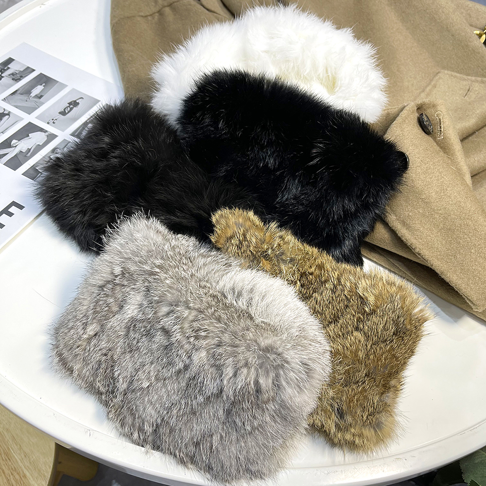 Hiver femmes vraie fourrure à la main extensible fourrure écharpe tricot véritable lapin fourrure bandeaux filles naturel fourrure anneau capot Snood foulards