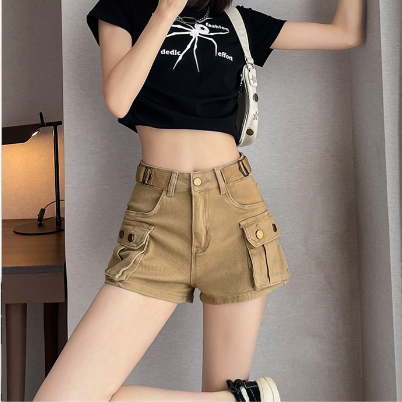 Shorts en jean kaki décontractés taille haute pour femme – Nouveau style américain, shorts polyvalents et élégants pour l'été