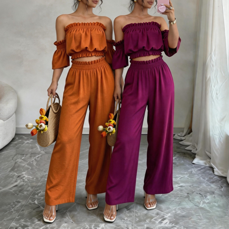 Ensemble 2 pièces pour femme : Haut court à volants épaules dénudées et pantalon large – Tenue décontractée pour l'été, les vacances, les soirées ou comme survêtement de détente