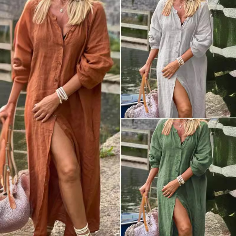 Robes pour femmes 2026 Nouveauté en coton et lin, simples, amples, à manches longues, boutonnées, à points ouverts, couleur unie, longues, vêtements féminins, vestidos