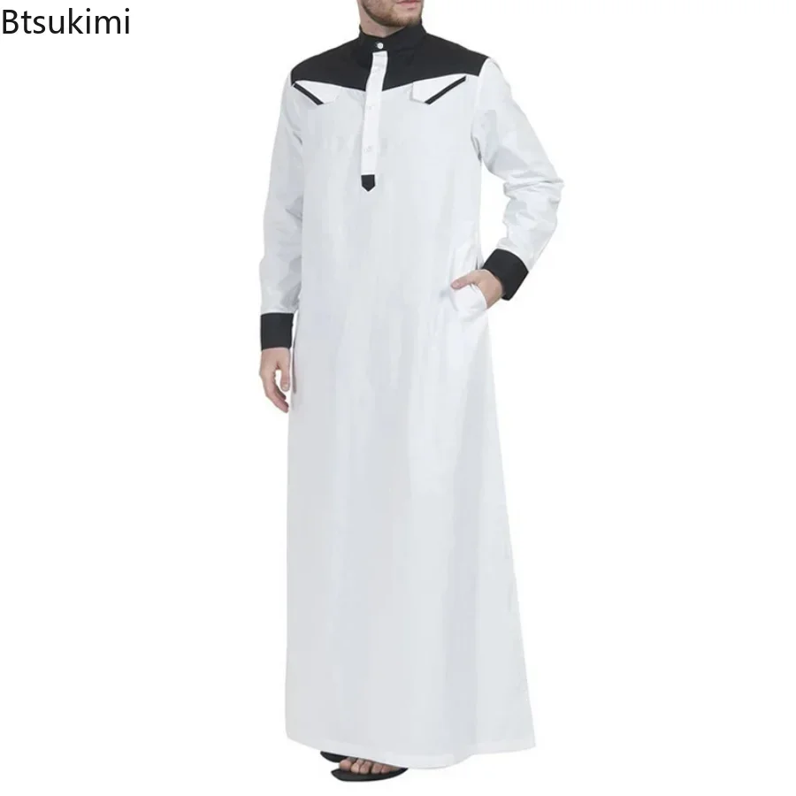 Thobe musulmane confortable pour hommes, Caftan à manches longues, couleur contrastée, vêtements musulmans, col Mandarin, Robe musulmane pour moyen-orient, 2026