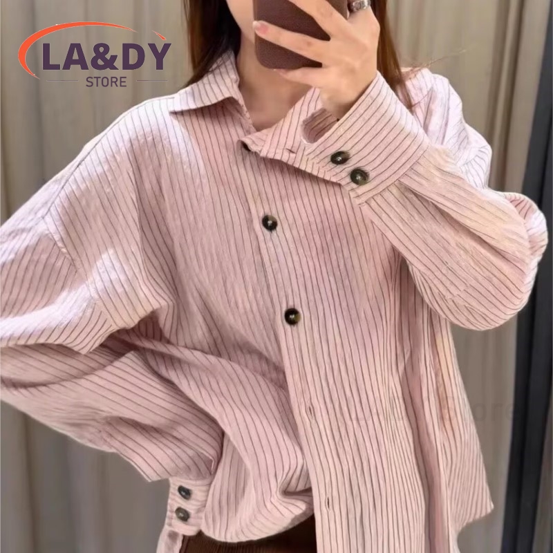 Chemisier Femme 2026 Nouvelle Collection Printemps Rayé Col Montant Décontracté Manches Longues Boutonné Coupe Ample