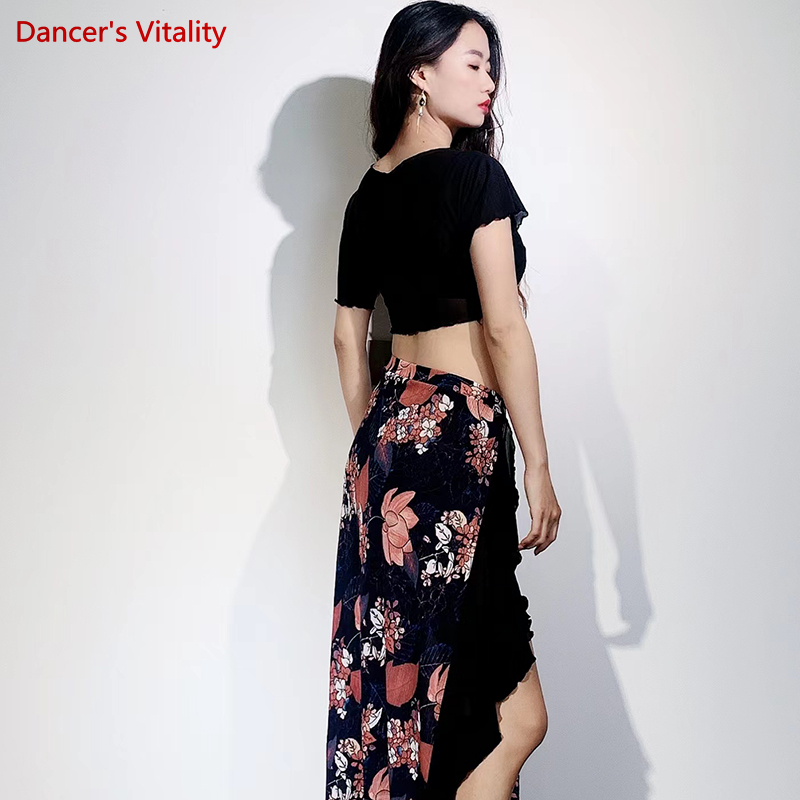 Vêtements d'entraînement de danse du ventre pour femmes, costume de danse du ventre en maille, haut à manches courtes + jupe longue imprimée, tenue de danse orientale féminine