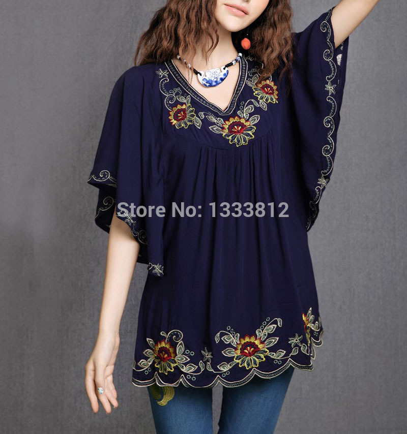 2026 Blouse Tunique Femme en Coton, Style Vintage Mexicain, Broderie Florale Ethnique, Coupe Ample Décontractée Bohème, Manches Chauve-souris, Blusa Mujer
