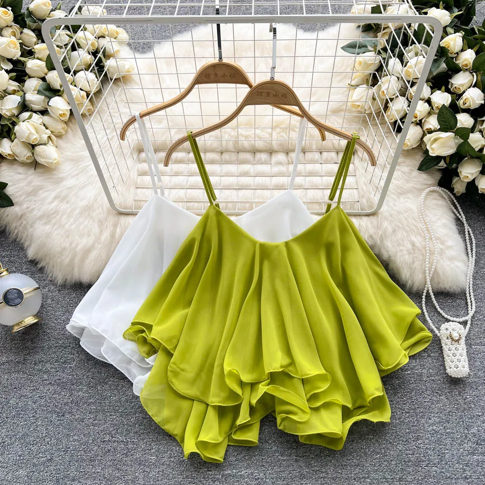 Débardeur et Camis sans manches à bretelles Spaghetti, à volants, mode coréenne, Corset, haut court, débardeur solide, vêtements d'été pour femmes, Y2k