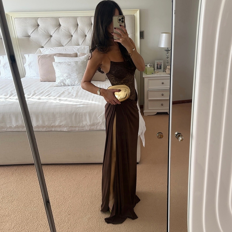 Robe longue drapée marron en dentelle transparente pour femme, robe de soirée sexy à fines bretelles, robe de mariée noire ou bordeaux pour invitée