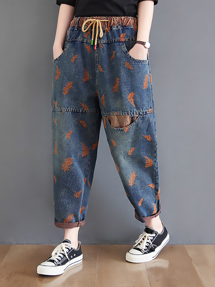 Jean pour femmes printemps rue plume broderie couleur contraste ample mince cordon poches taille élastique Denim pantalon femme