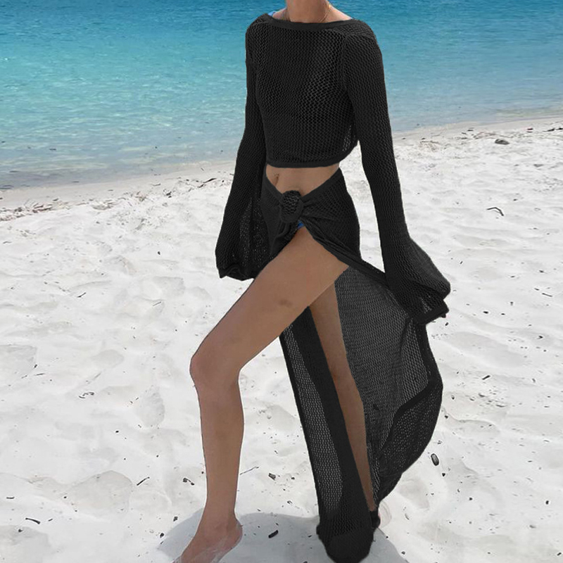 Jupe tricotée transparente à manches longues pour femmes, haut une pièce, vêtements de plage, couverture de bikini de vacances, blouse de protection solaire, bain de soleil