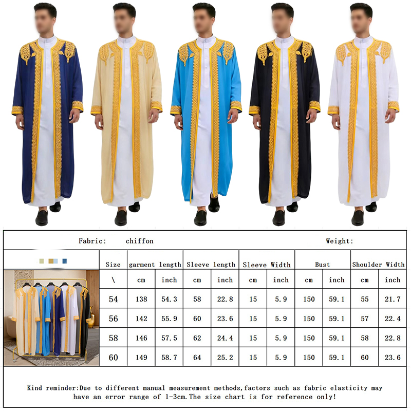 Robes islamiques musulmanes pour hommes, robe arabe, broderie dorée, manches longues, thobe, robes amples, kaftan, chemise, haut, style Dubaï, Arabie Saoudite