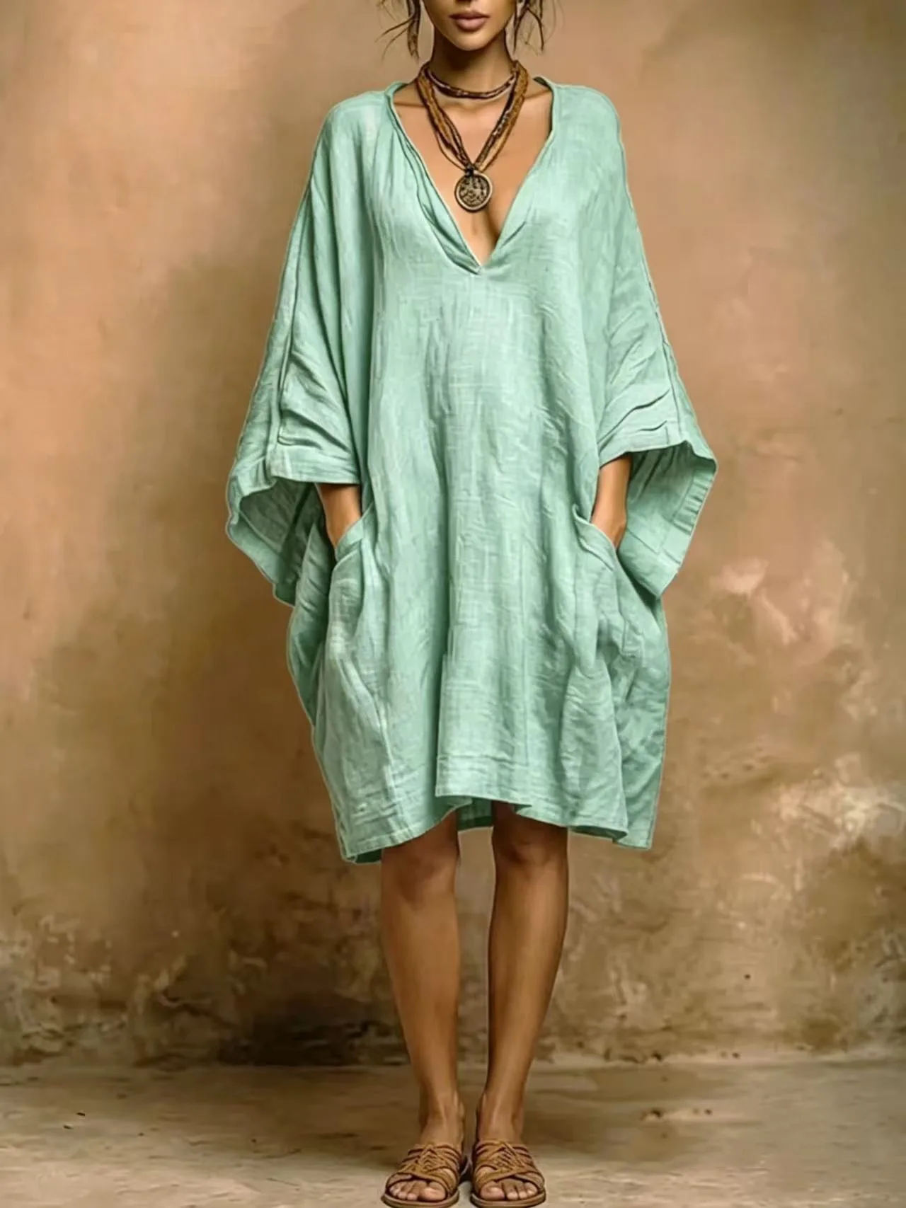 Robe ample décontractée en coton et lin pour femme, style bohème, sexy, col en V, manches chauve-souris, avec poches, printemps-été