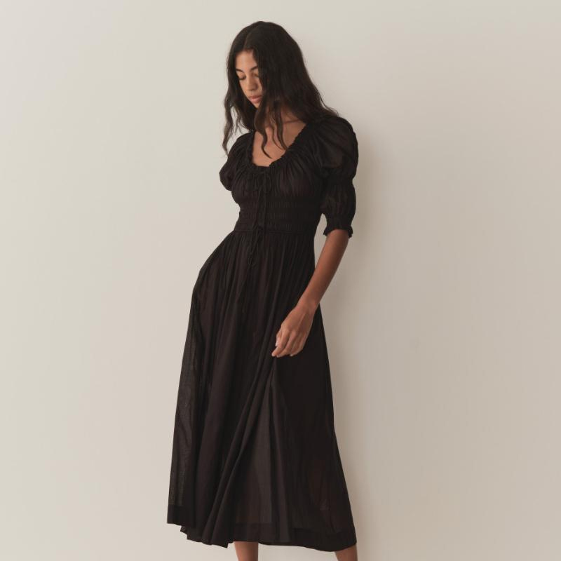 Robe midi smockée DOEN pour femmes, élégante, style cottagecore, manches bouffantes, plissée, longue, vintage française, épaules dénudées, maxi vestidos