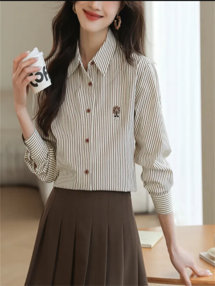 Chemises amples à rayures pour femmes, chemisier brodé, vêtements de printemps et d'automne pour femmes, haut à boutons, mode élégante pour jeunes femmes