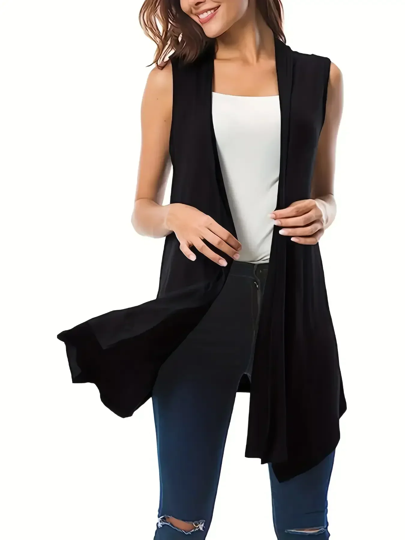 Cardigan sans manches pour femmes, grande taille 1XL-5XL, couleur unie, ourlet, polyvalent, décontracté, Simple, à la mode