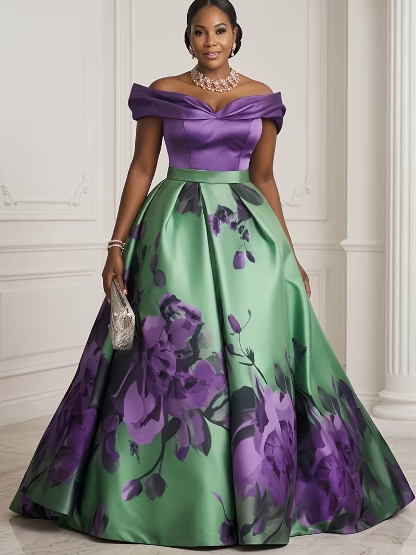 Robe de soirée élégante pour femmes grandes tailles, à épaules dénudées, en satin, coupe A-line, imprimé floral, pour soirée formelle, bal de promo, mariage.