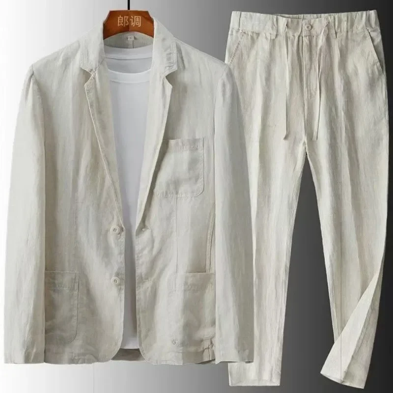 Ensemble deux pièces en coton et lin pour hommes, ensemble décontracté, veste Blazer + pantalon, vêtements fins d'affaires, costume respirant, printemps été