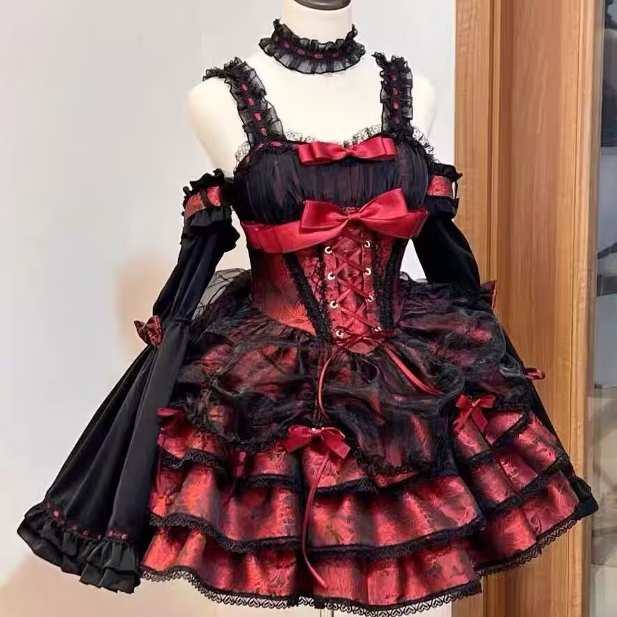 Robe gothique Lolita pour femmes, Harajuku, nœud en dentelle, à volants, Mini robes de soirée, Punk Kawaii, noir et rouge, robe d'été Y2k
