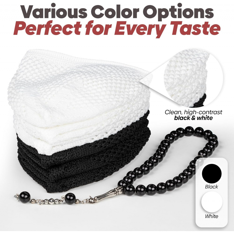 Ensemble de 3 chapeaux Kufi pour hommes, en crochet, Taqiyah respirant et extensible, bonnet noir et blanc, chapeaux de prière islamiques avec 33 perles Tasbih