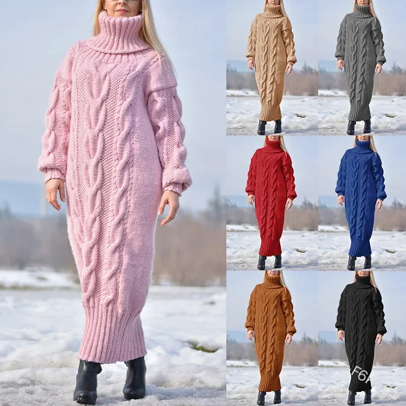 Pull femme hiver col haut couleur unie col roulé pull torsadé pull tricoté ample robe longue pull pour femme nouveau