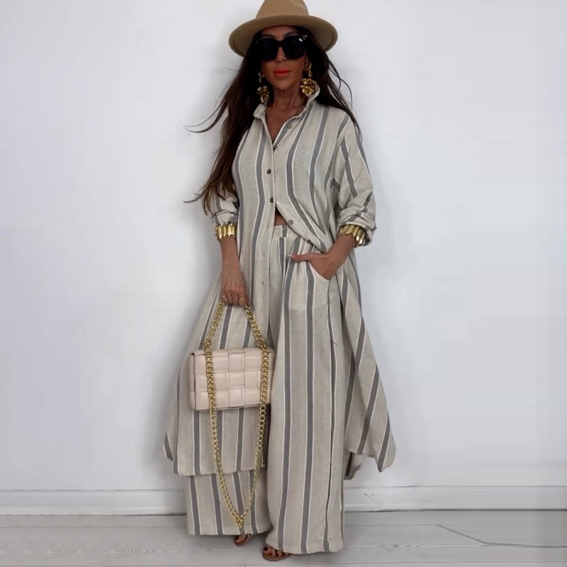 Femmes musulmanes 2 pièces Ensemble chemise rayée haut pantalon à jambes larges costume simple boutonnage poches pantalons tenues 2025 automne Ensemble