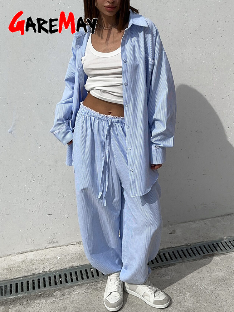 Costume d'été pour femmes avec pantalon et chemise en coton, costume classique deux pièces, chemise à manches longues pour femmes, costume rayé rose pour femmes