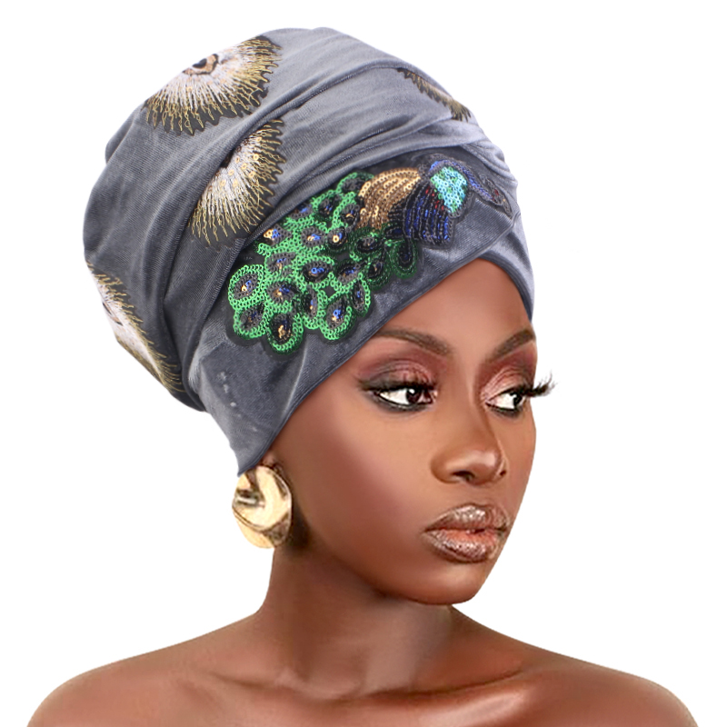 Nouveau Turban Long en Velours Orné de Paon et de Paillettes pour Femme, Foulard de Luxe pour Femme, Hijab, Turbante