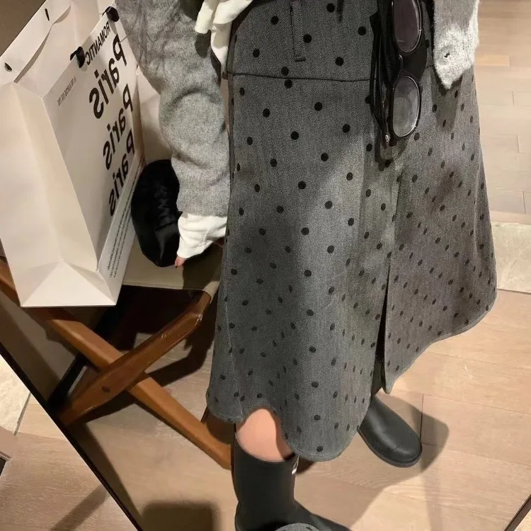 Jupe froncée à points ondulés pour femmes, Y2k, taille haute, mi-longue, nouvelle collection printemps automne 2025, jupes trapèze grises