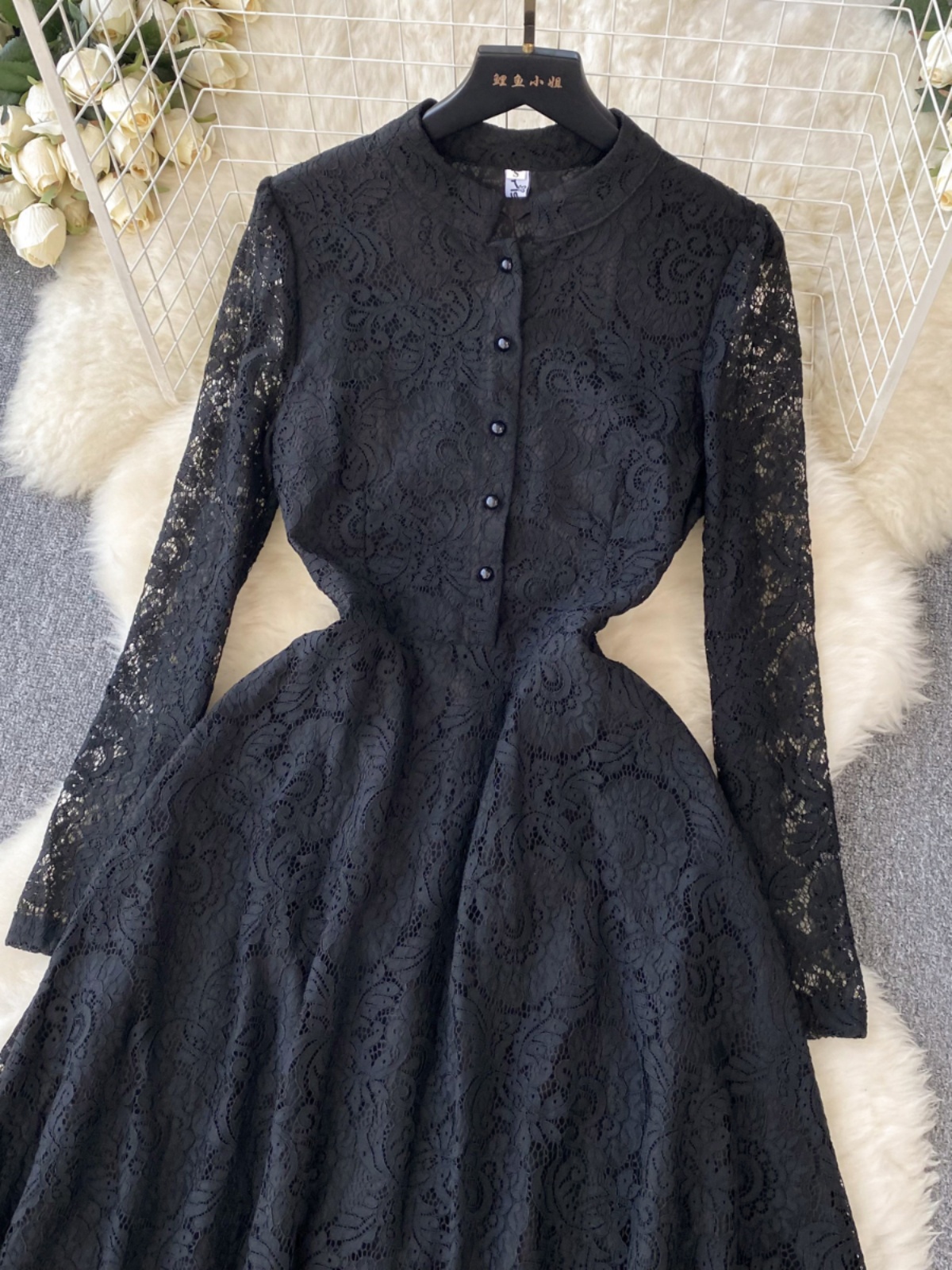 Robe de soirée florale vintage noire pour femme, col montant, manches longues, robes en dentelle, français, élégant, éducatif, printemps, automne