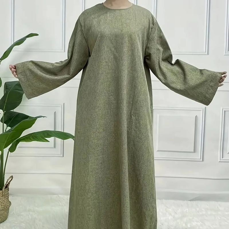 Robe longue de style kaftan, ample, à manches longues, de couleur unie, à col rond, idéale pour le Ramadan, élégante et décontractée, pour femmes.