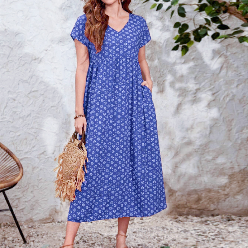 Robe grande taille pour femmes, robe imprimée de style ethnique bohème, col en v, manches chauve-souris, taille élastique, avec poches