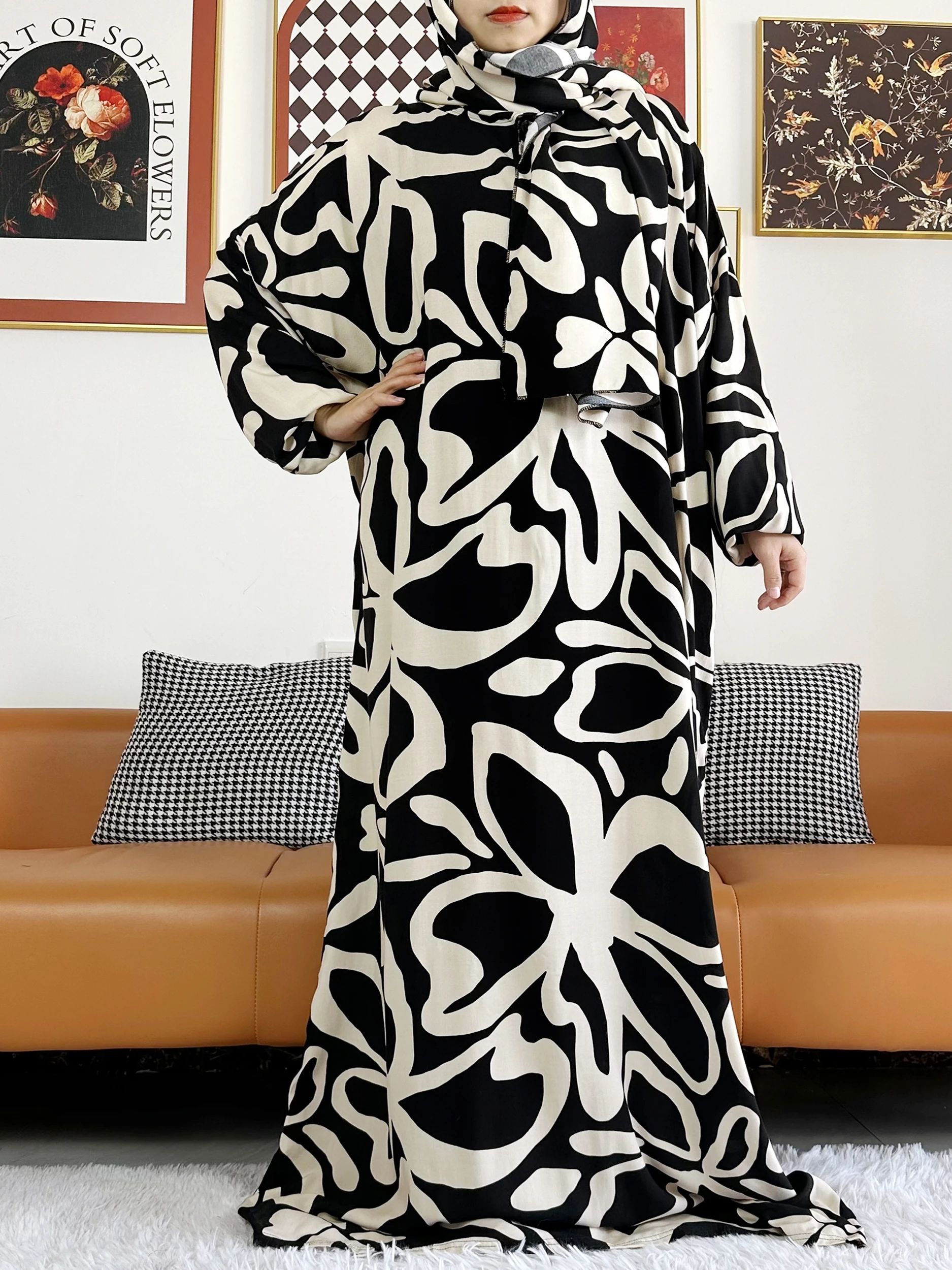 2025 coton musulman dame Abayas Ramadan vêtement de prière dubaï turquie moyen-orient Femme Robe ample Robe africaine Turban Joint
