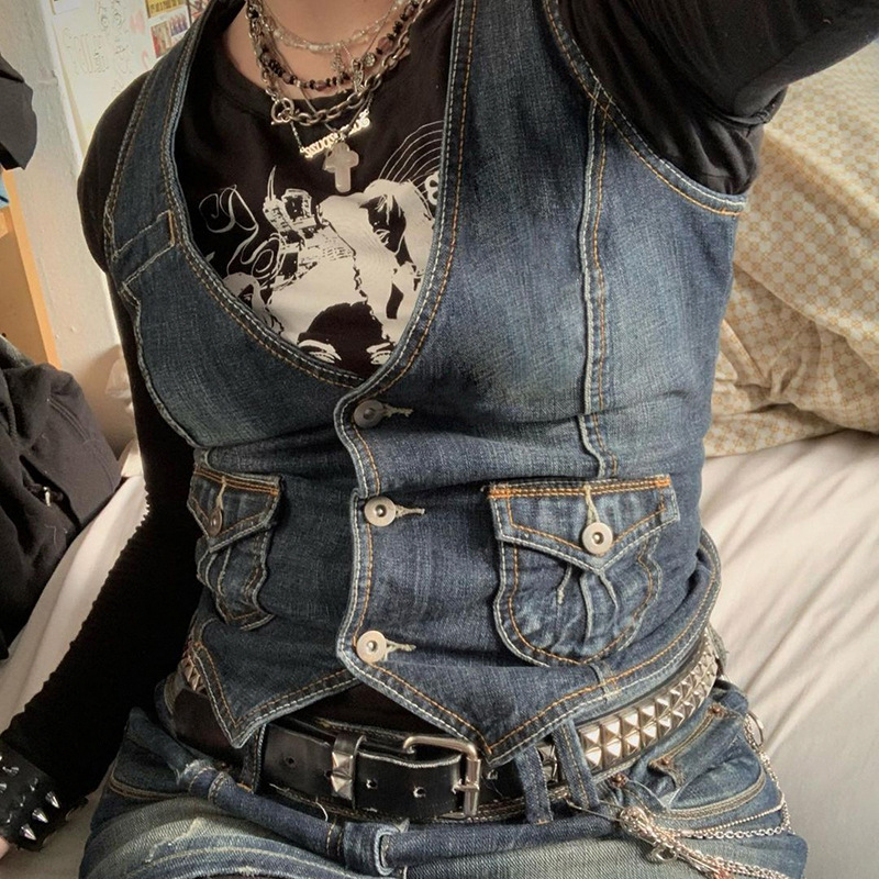 Femmes Denim gilet veste sans manches lavé col en V simple boutonnage poches gilets minces Streetwear femme été Vintage gilet