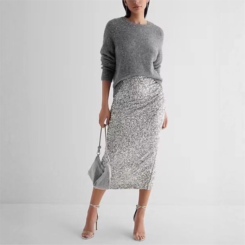 Jupe midi à sequins pour femme, style streetwear, taille haute, coupe droite, fendue, printemps automne 2026, Y2k