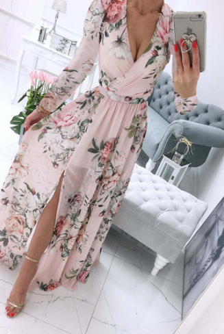 Robe bohème en mousseline de soie pour femme, manches longues, col en V, imprimé