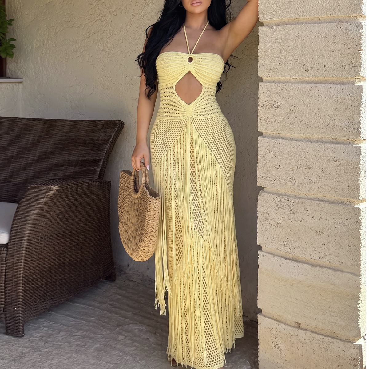 Robe licou ajustée en crochet fait main avec franges, tenue de plage estivale ajourée à nouer, style bohème