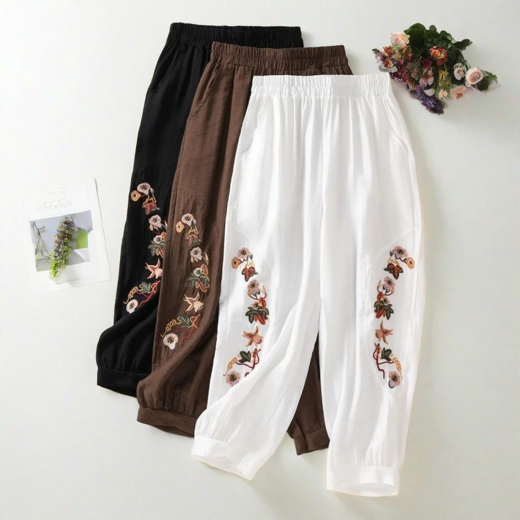 Bloomers décontractés brodés café pour femmes, pantalons élastiques monochromes, pantalons taille haute, vêtements à la mode