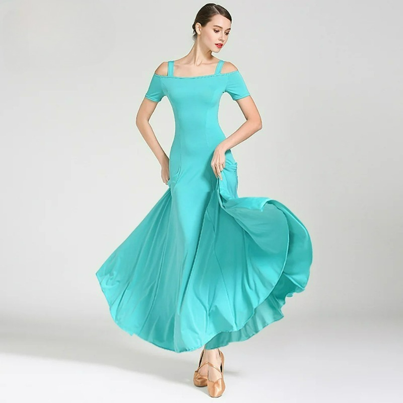 Robe de danse longue pour femme, à bretelles, manches courtes, jupe midi, pour Salsa, Danse Standard, Danse Moderne, Danse Swing, Spectacle, Soirée et Fête