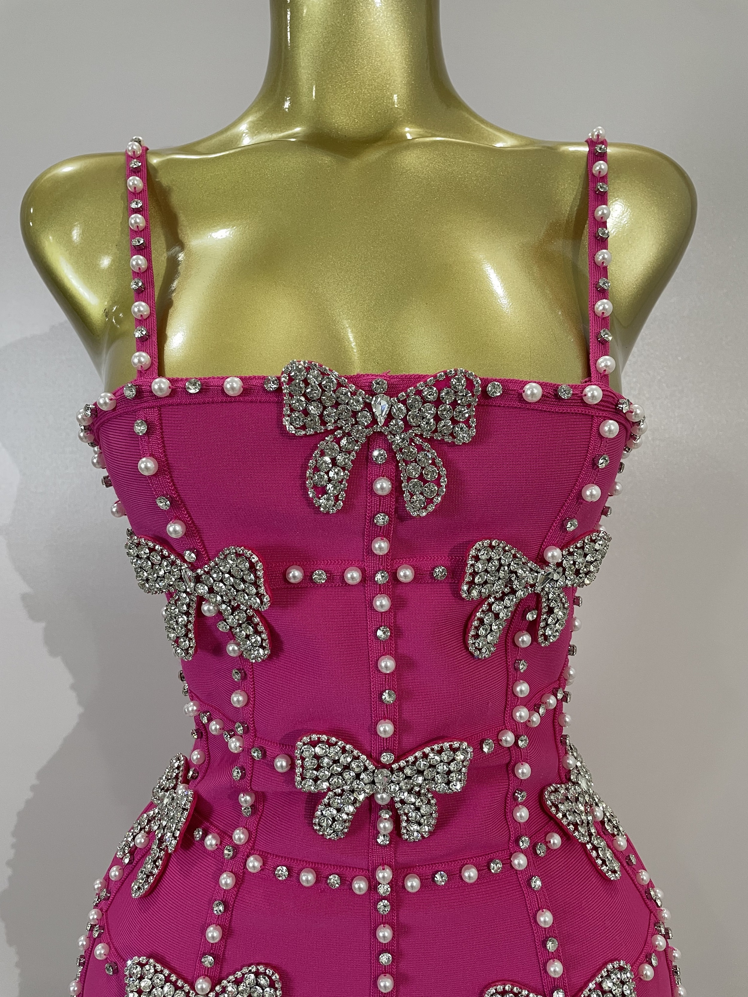 Robes Mini Tricotées Élégantes et Luxueuses pour Femmes, avec Nœuds, Diamants et Perles, pour Soirées et Clubs, Robes Moulantes Sexy à Bretelles Fines