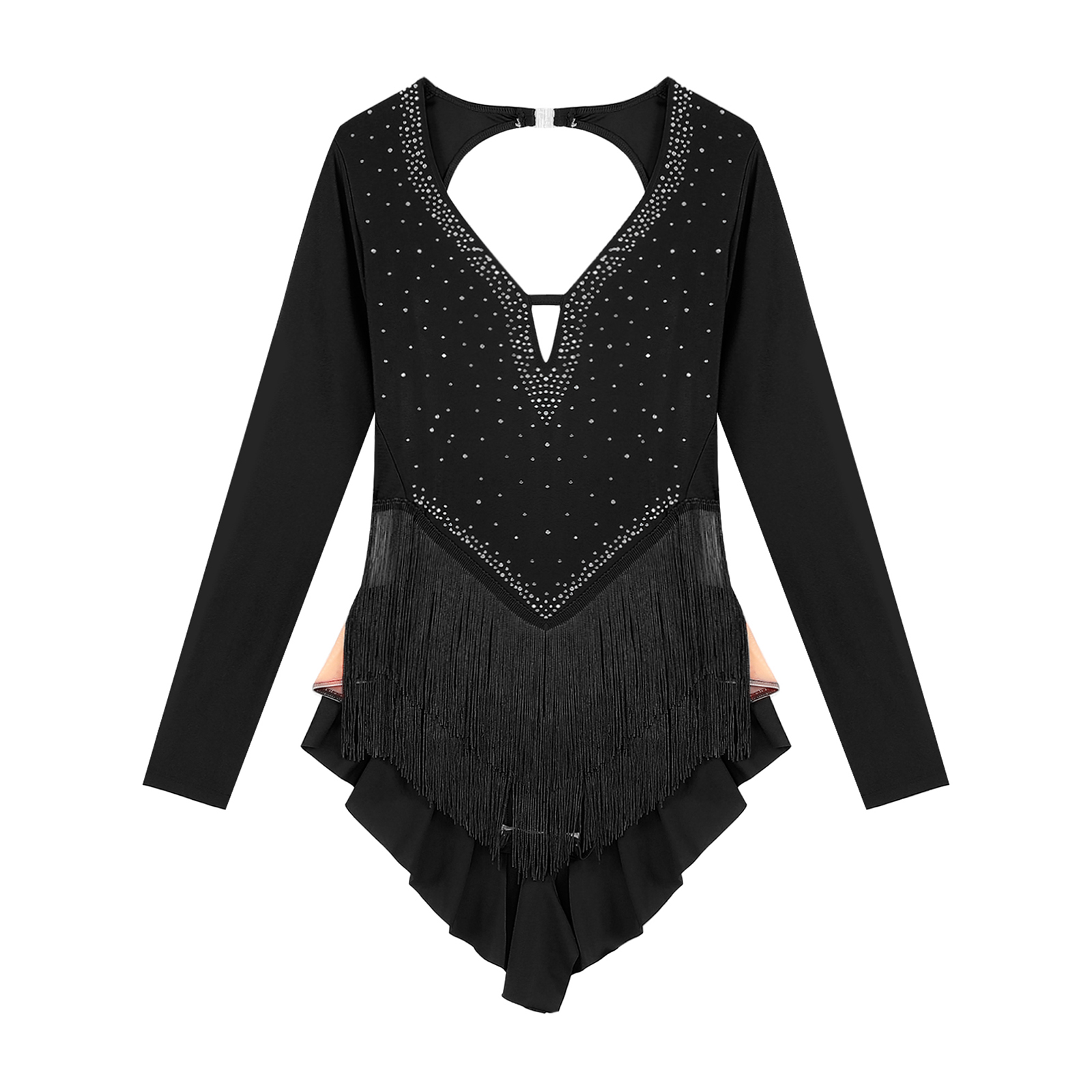 Robe de danse latine pour femmes, Costume de spectacle de patinage artistique cha-cha Tango Samba Rumba, manches longues, strass, glands, justaucorps
