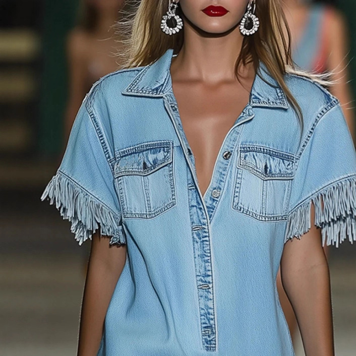 Robes pour femmes 2026 décontractées amples rétro à col rabattu avec poches en jean à manches courtes et franges mini robes vêtements vestidos