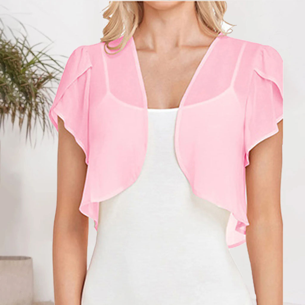 Nouvelle Blouse Femme Europe et États-Unis, Couleur Unie, Manches Courtes, Cardigan Fin en Chiffon, Cape à Nouer