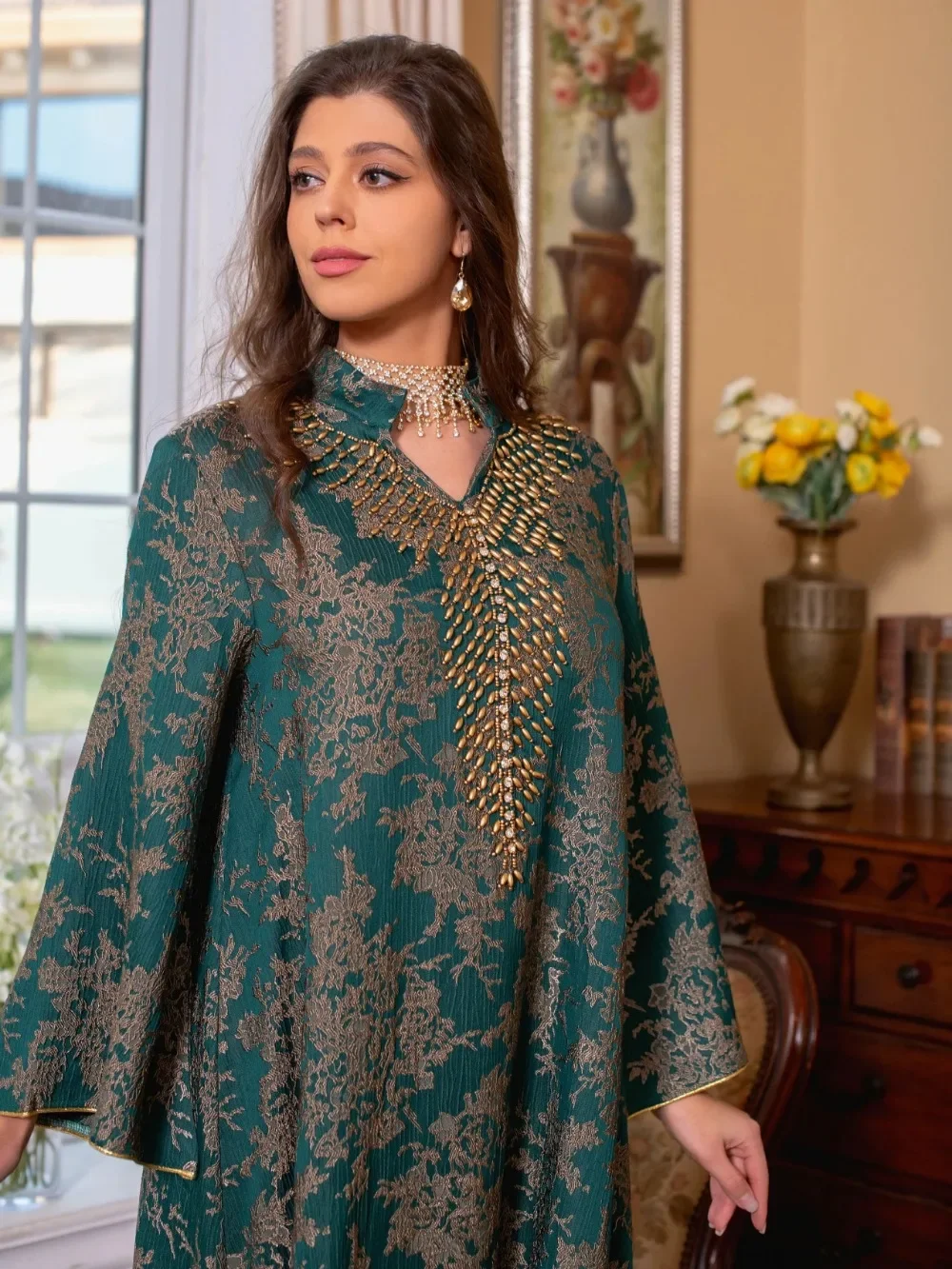 Abaya-Robe musulmane Eid pour femmes, col montant perlé, Jalabiya, robes de soirée marocaines, Abayas caftan, robe arabe longue éducative