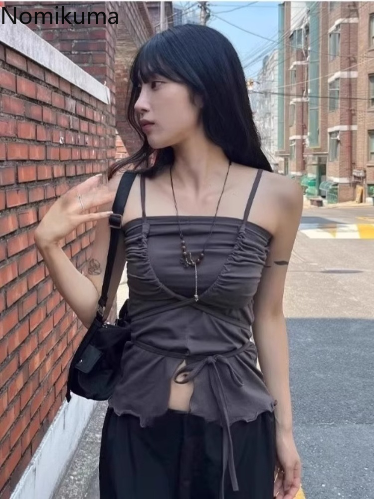 Vêtements pour femmes, débardeurs Sexy Y2k, hauts à bandes, plis, tunique sans manches, t-shirts fendus, Camis coréen, 2025 Ropa Mujer, gilet court Harajuku