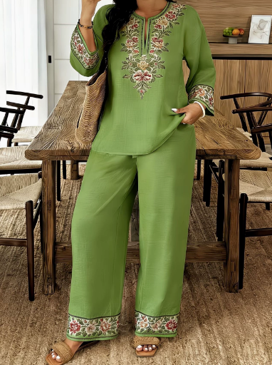 Ensemble deux pièces pour femme, nouvelle collection printemps-automne 2026, imprimé floral, haut ample à col rond et manches longues, et pantalon décontracté taille haute